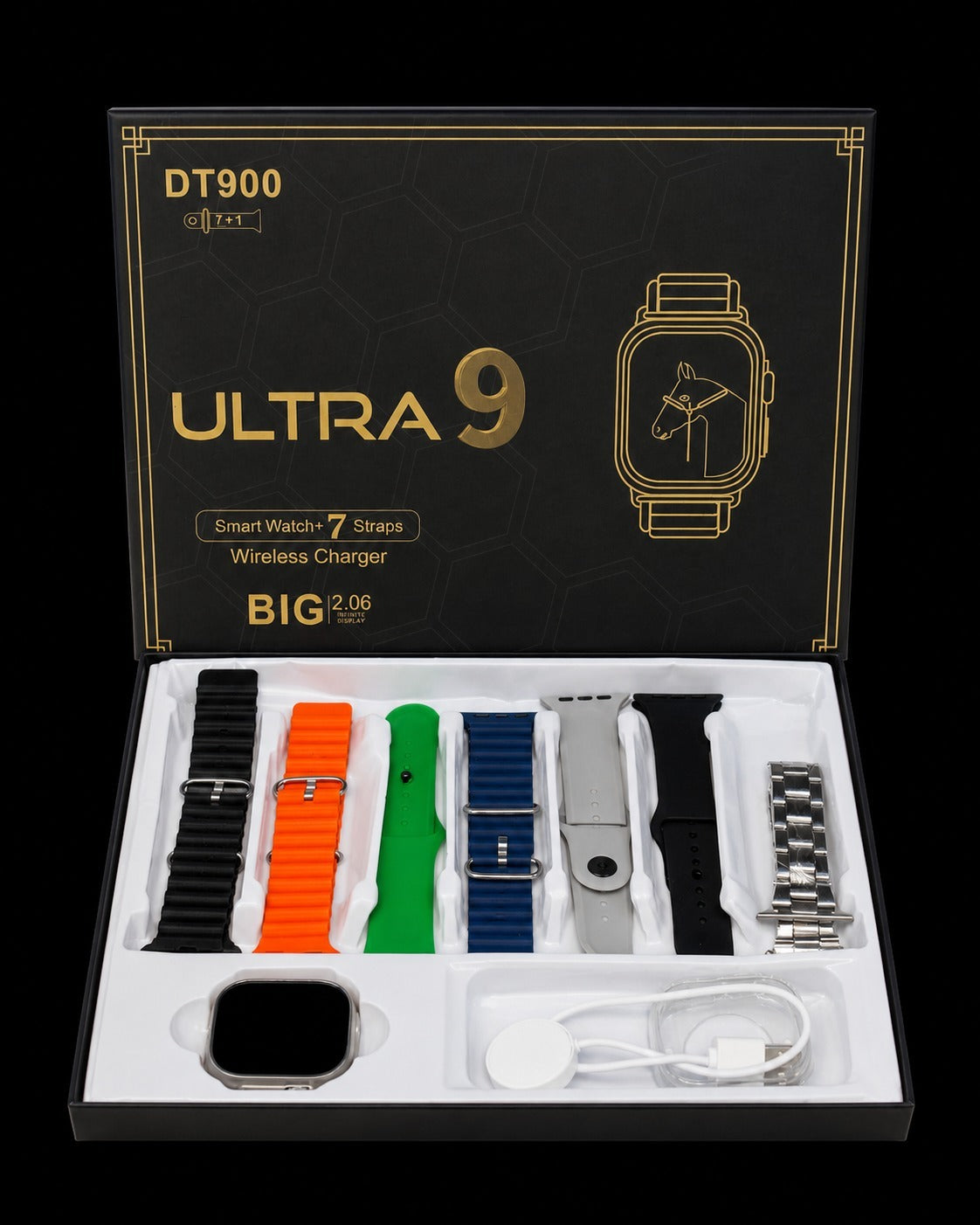 Ultra 9 DT900 Smart Watch – 7 Straps Set with Wireless Charger & Big Display