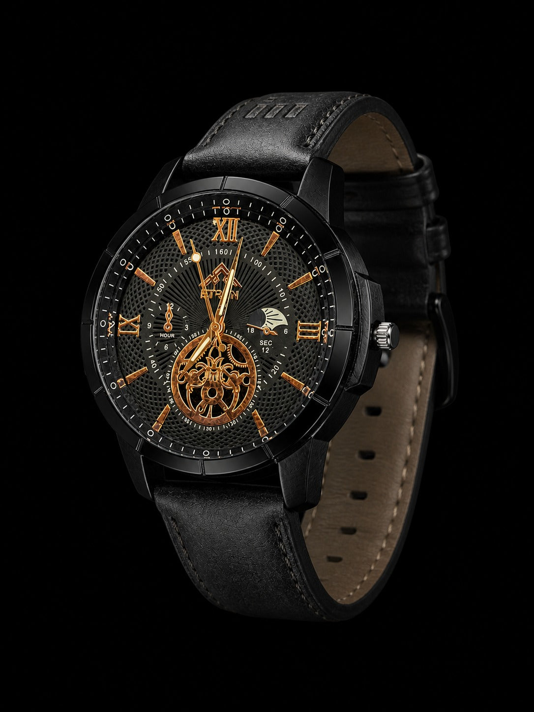 Etron Black Skeleton Dial Men's Watch