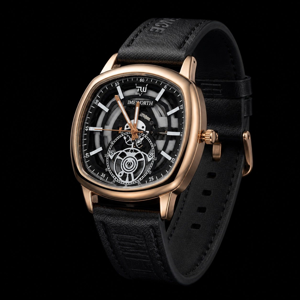 Truworth Skeleton Men’s Watch – Black & Rose Gold Edition