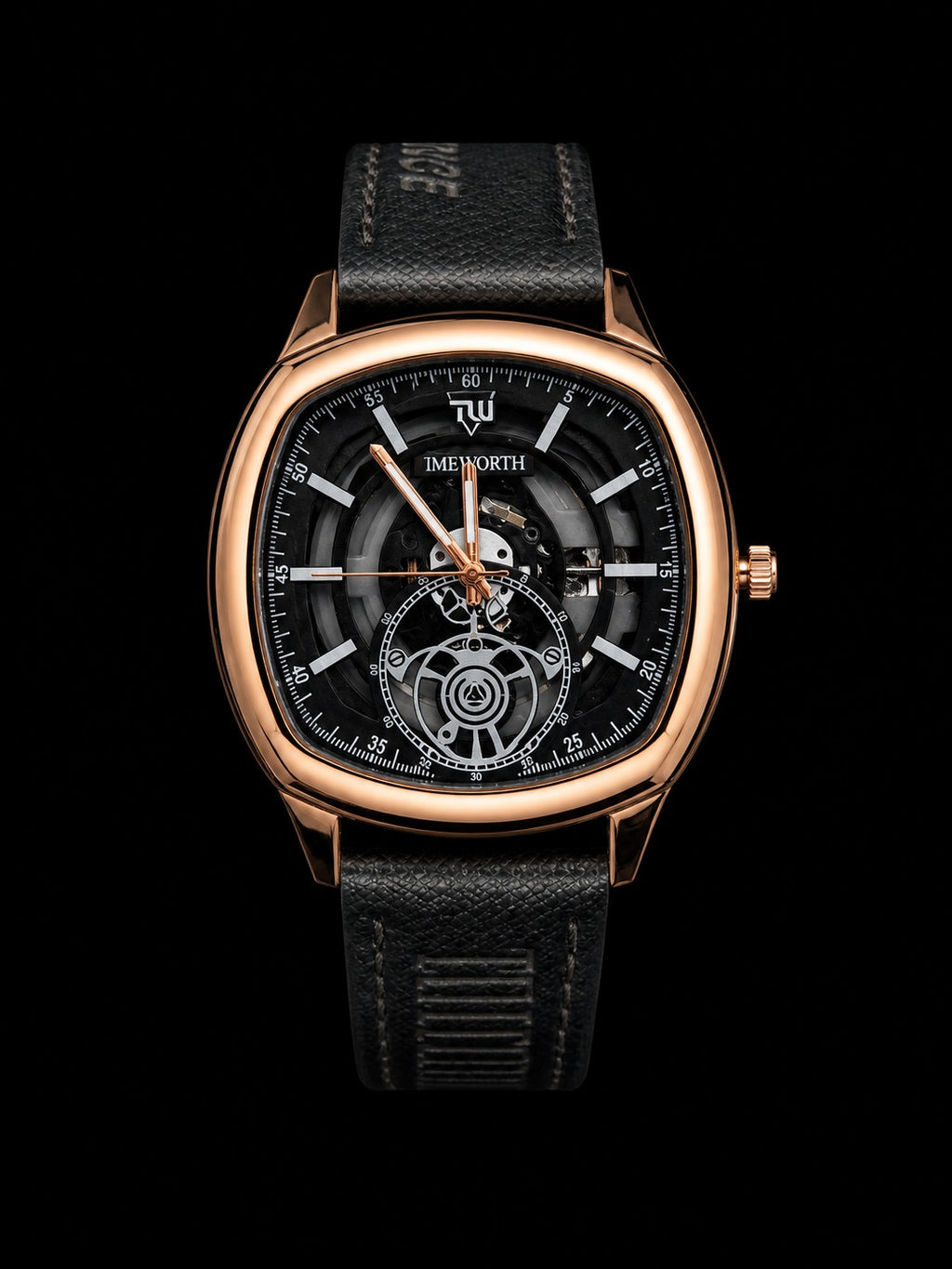 Truworth Skeleton Men’s Watch – Black & Rose Gold Edition