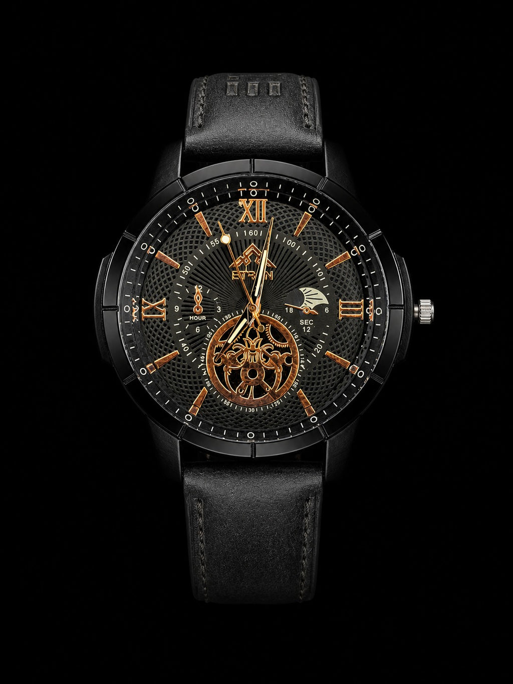 Etron Black Skeleton Dial Men's Watch