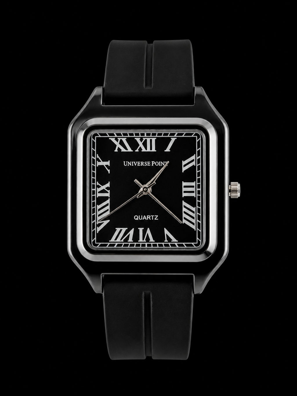 Universal Point Square Dial Quartz Watch with Roman Numerals & Black Strap