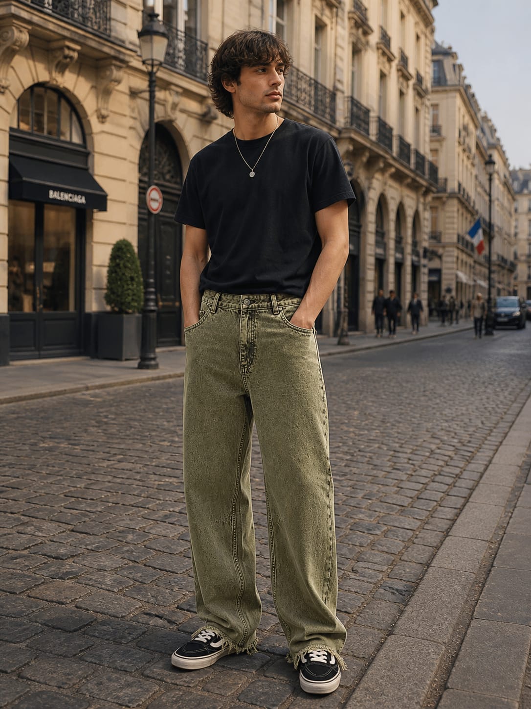 Barrel Sage Green Baggy Jeans (Striped Bottom)