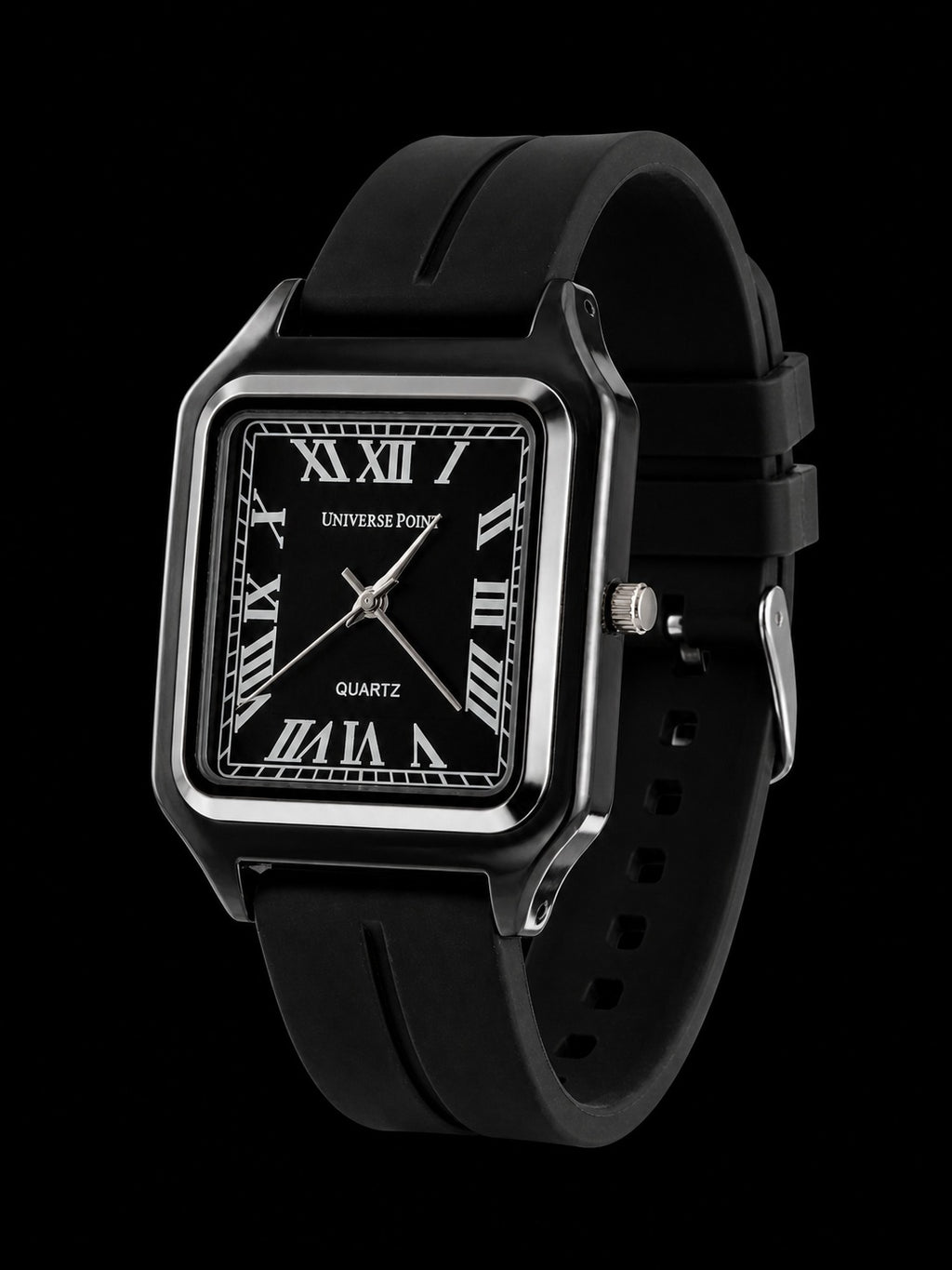 Universal Point Square Dial Quartz Watch with Roman Numerals & Black Strap