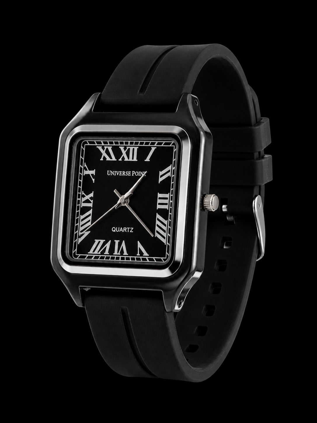 Universal Point Square Dial Quartz Watch with Roman Numerals & Black Strap