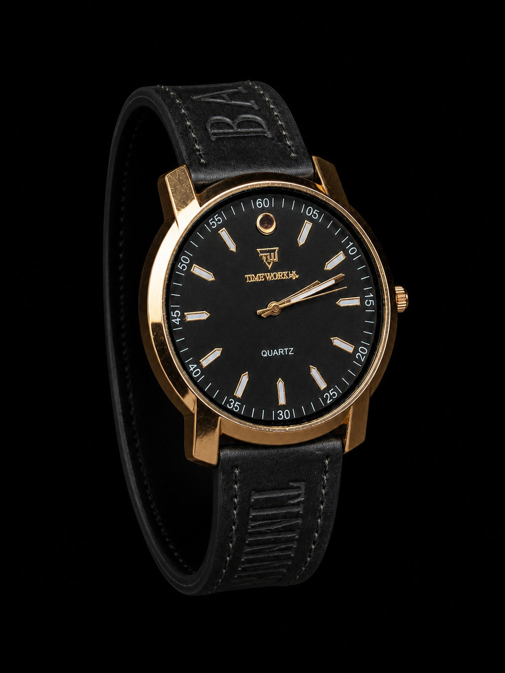 Truworth Black & Gold Minimalist Quartz Watch with Leather Strap