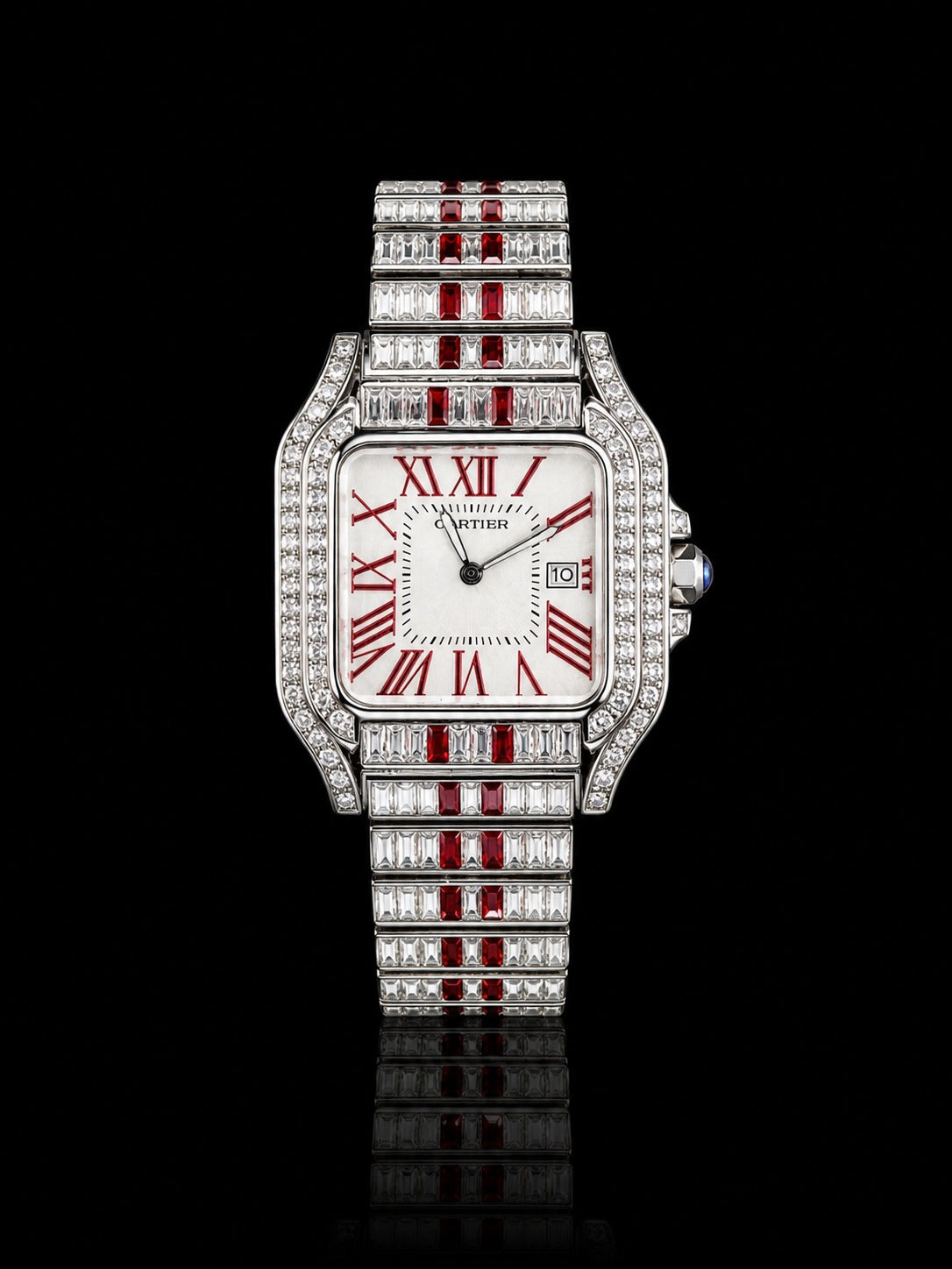 Cartier Iced-Out Square Watch – Red Baguette Edition (AAA Master Copy)