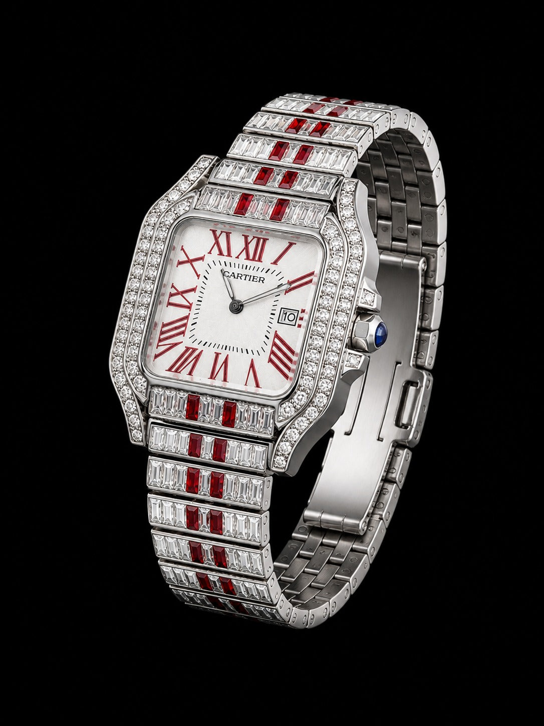 Cartier Iced-Out Square Watch – Red Baguette Edition (AAA Master Copy)