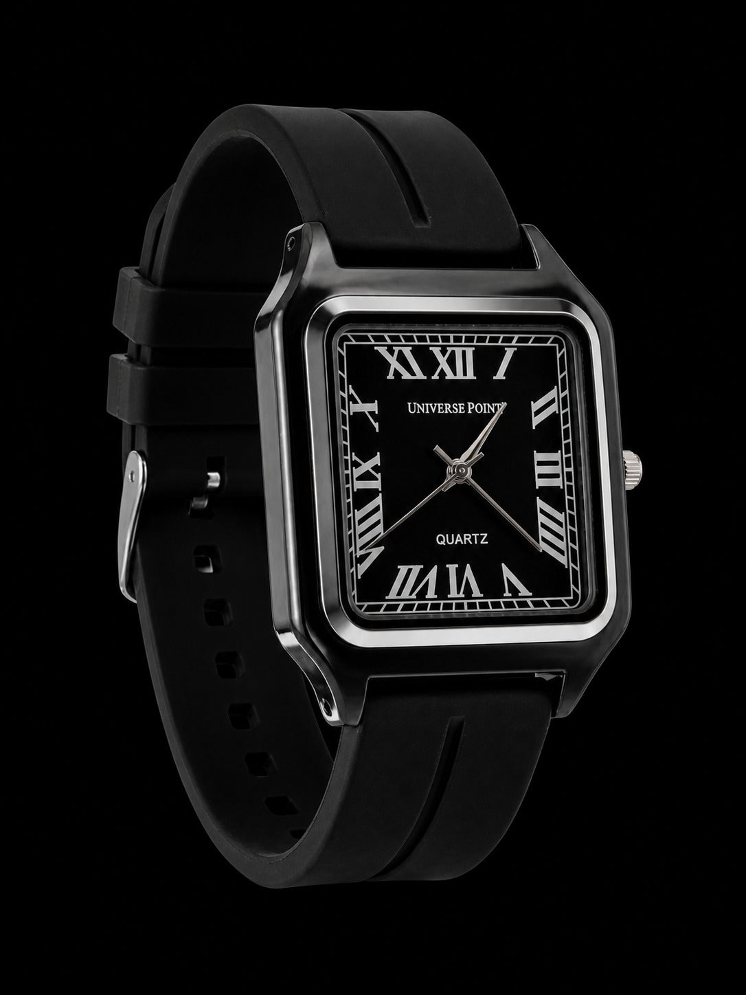 Universal Point Square Dial Quartz Watch with Roman Numerals & Black Strap
