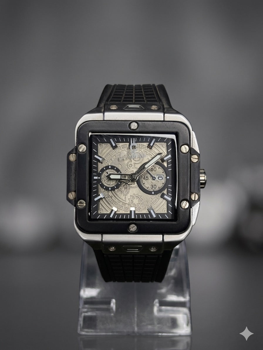 Cassray Square Chronograph Watch – Black & Silver Silicone Strap Timepiece (Hublot Inspired)