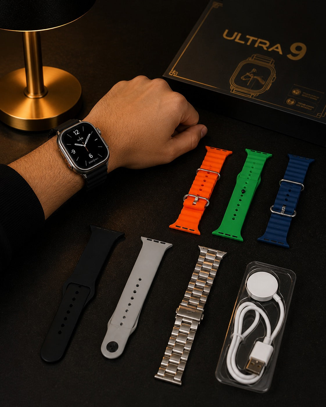 Ultra 9 DT900 Smart Watch – 7 Straps Set with Wireless Charger & Big Display