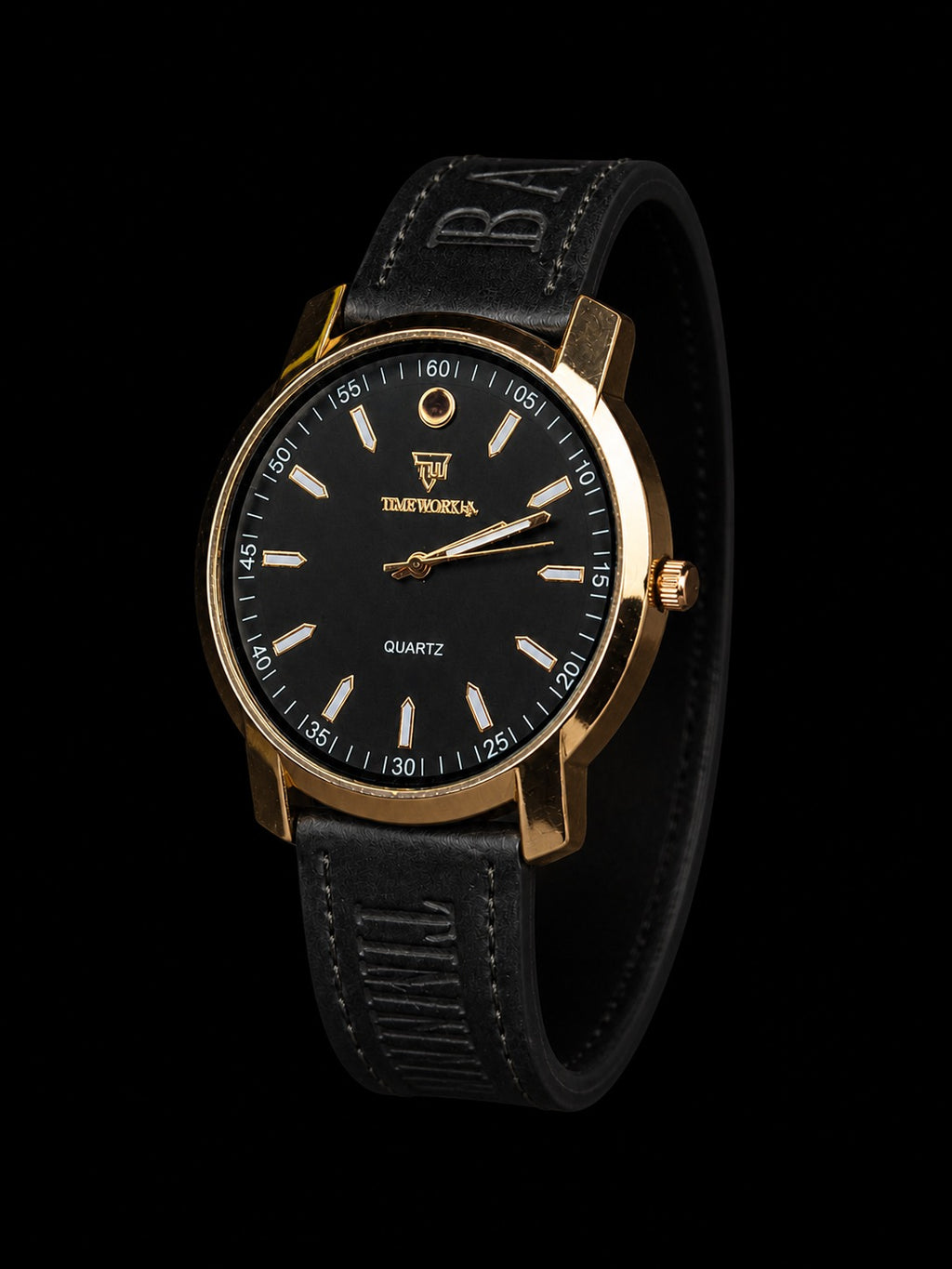 Truworth Black & Gold Minimalist Quartz Watch with Leather Strap